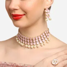 Zaveri Pearls Pink Enamel Artificial Stones Pearl Drops Necklace Earring & Ring Set-ZPFK16906-picture-32