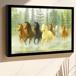 Art Street Green Engineered Wood Seven Running Horses in Forest Vastu Feng Shui Stretched Wall Art image 2