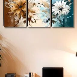 Aura Brown & Blue 3 Pieces Wooden Floral Wall Paintings-image-71