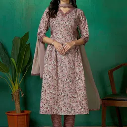 DIVASTRI Women Floral Printed Cotton Anarkali Kurta with Trousers & Dupatta-picture-30
