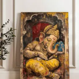 Art Street Yellow Canvas Abstact Sleeping Lord Ganesha Stretched Wall Art image 4