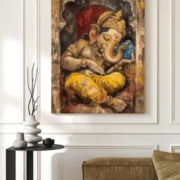 Art Street Yellow Canvas Abstact Sleeping Lord Ganesha Stretched Wall Art image 2