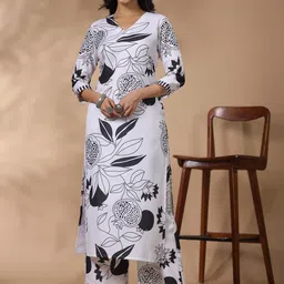KALINI Floral Printed V Neck Straight Kurta With Palazzos image 1