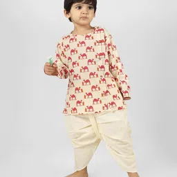 Polka Tots Full Sleeves Camel Printed Kurta With Dhoti - Cream-picture-10