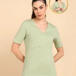 Zelena Half Sleeves Solid Maternity Zipless Top With Nursing Access - Pista Green-image-36