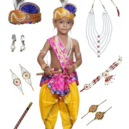 Kaku Fancy Dresses Janmashtami Theme Paisley Printed Krishna Costume Set - Pink-picture-26