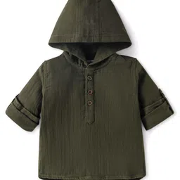 Babyhug Cotton Woven Full Sleeves Hooded Shirt - Olive Green-picture-17