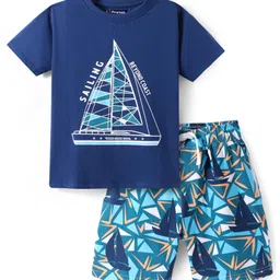 Pine Kids Single Jersey Half Sleeves Shorts Night Suit with Ship Print - Navy Blue-image-81