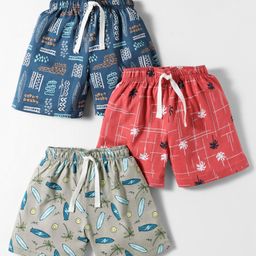 Cucumber Sinker Knit Above Knee Length Shorts With Beach Theme Print Pack Of 3 - Grey Red & Blue-image-12