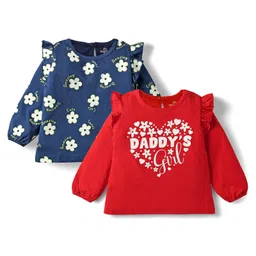 Doodle Poodle 100% Cotton Knit Full Sleeves Top with Floral Print & Frill Detailing Pack of 2 - Navy Blue & Red-picture-35