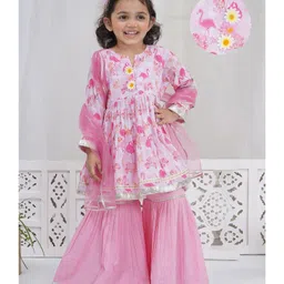 Little Bansi Muslin Woven Full Sleeves Floral & Flamingo Printed Kurti Sharara With Dupatta Set - Pink-picture-18
