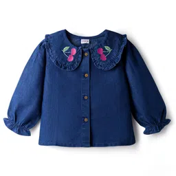 Babyhug Denim Woven Full Sleeves Washed Peter Pan Collar Top with Embroidery - Navy Blue-picture-20