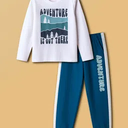 Honeyhap Premium 100% Cotton Full Sleeves Text Printed Night Suit With Bio Finish - Bright White & Seaport-picture-21