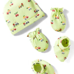 Babyhug 100% Cotton Cap Mittens & Booties Set With Vehicle Print Lime Green - Diameter 16 cm-image-50