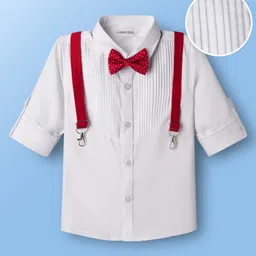 Mark & Mia Woven Full Sleeves Pleated Solid Party Shirt With Bow & Suspender - White-picture-14