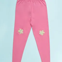 Kiddopanti Cotton Spandex Knit Sequin Flower Applique Applique Detailed Leggings - Pink-image-41