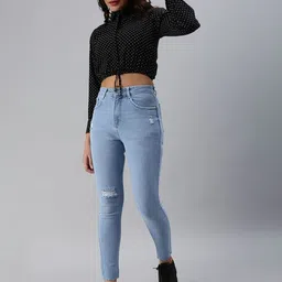 SHOWOFFFF Polka Dot Print Crepe Cinched Waist Crop Top image 4