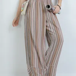 GLAM & CHIQUE Striped Pure Cotton Relaxed-Fit Trousers-picture-31
