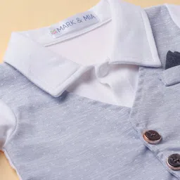 Mark & Mia Full Sleeves Printed Party Romper with Attached Waist Coat & Bow - Greyish Blue image 5