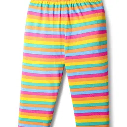 Babyhug Cotton Knit Full Length Leggings With Stripes & Floral Print Pack Of 3 - Pink Navy Blue & Yellow image 4