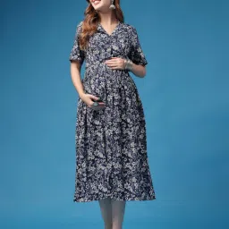 Zelena Blue Rayon Maternity Zipless Feeding Dress-image-19