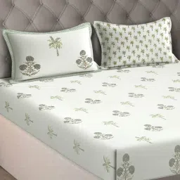 Rajasthan Decor Ethnic Printed Cream Colord Pure Cotton King Bed Sheet with 2 Pillow Covers image 1