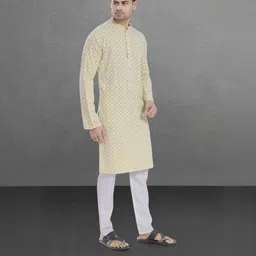 Pulseiq Men Geometric Embroidered Festive Cotton Straight Kurta image 2