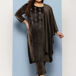 BAESD Women Floral Printed Regular Velvet Kurta with Trousers & With Dupatta-image-25