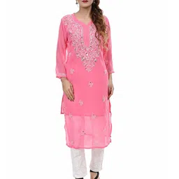 BEAUTY CHIKAN HANDICRAFTS Floral Embroidered V-Neck Chikankari Straight Kurta-image-19
