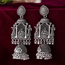Sangria Women Stainless Steel Beaded Oxidised Temple Contemporary Drop Earrings-image-24