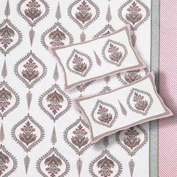 JAIPUR FABRIC White Floral King Bedsheet with 2 Pillow Covers image 2