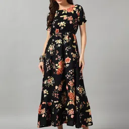 Raiyani Enterprise Floral Printed Round Neck Fit And Flare Maxi Dress-image-6