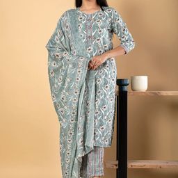 Readiprint Floral Printed Pure Cotton Round Neck Straight Kurta With Palazzos And Dupatta-picture-21