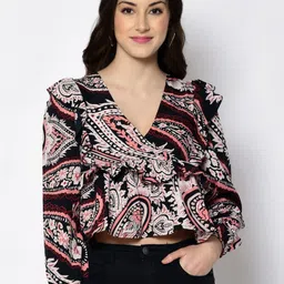 DressBerry Women Printed Puff Sleeve Crepe Crop Top-picture-37