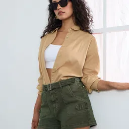 The Souled Store Women Fern Green Denim Regular Fit Mid-Rise Shorts image 5