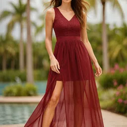 DressBerry Women Maroon Solid Georgette A-Line Dresses-picture-16