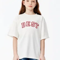 LULU & SKY Girls Typography Drop-Shoulder Sleeves Pure Cotton Applique Boxy T-shirt-picture-53