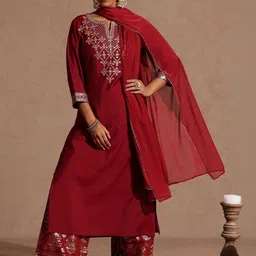 Janasya Women Yoke Design Regular Sequinned Chanderi Silk Kurta with Trousers & With Dupatta image 4