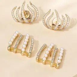 Krelin Set Of 2 Gold-Plated Crystals Studded & Pearls Beaded Contemporary Studs-picture-26