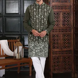 MANQ Men Ethnic Motifs Embroidered Regular Thread Work Kurta with Pyjamas-image-58