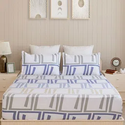 HOMEMONDE White & Blue Printed Cotton 210 TC King Bedsheet Set 1.98m x 1.98m image 4