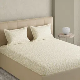 GM Off White & Beige Floral 300 TC King Bedsheet with 2 Pillow Covers-picture-21