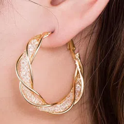 PolluxCraft Gold-Plated Artificial Stones Studded Contemporary Korean Hoop Earrings image 3