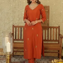 Aaghnya Ethnic Motifs Embroidered V-Neck Straight Kurta With Trousers image 4