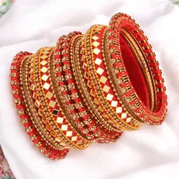 FEMMIBELLA Set Of 18 Gold-Plated Cubic Zirconia-Studded Silk Thread Mirror Work Bangles-picture-20
