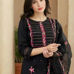 SANISA Women Ethnic Motifs Embroidered Regular Sequinned Kurta with Trousers & With Dupatta image 3