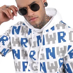 WROGN Men Geometric Printed Hood Pure Cotton Oversized T-shirt-image-42