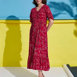 YANAMORA Ethnic Motifs Print Puff Sleeve Layered Fit & Flare Midi Dress image 3