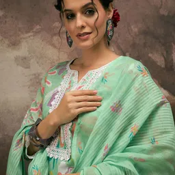 Anouk Women Floral Printed Regular Linen Kurta with Trousers & With Dupatta image 2