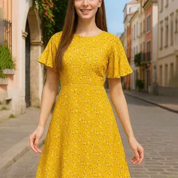 DressBerry Floral Print Flared Sleeve Crepe A-Line Dress-picture-36